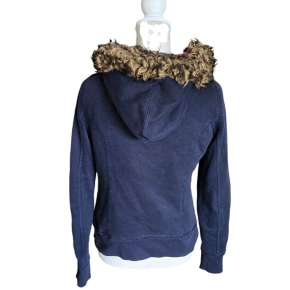Abercrombie & Fitch Navy Blue Fur Hooded Jacket Size Medium - Picture 3 of 5